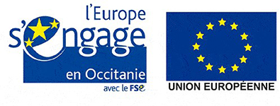 Logo L'Europe s'engage en Occitanie et drapeau de l'Union Européenne